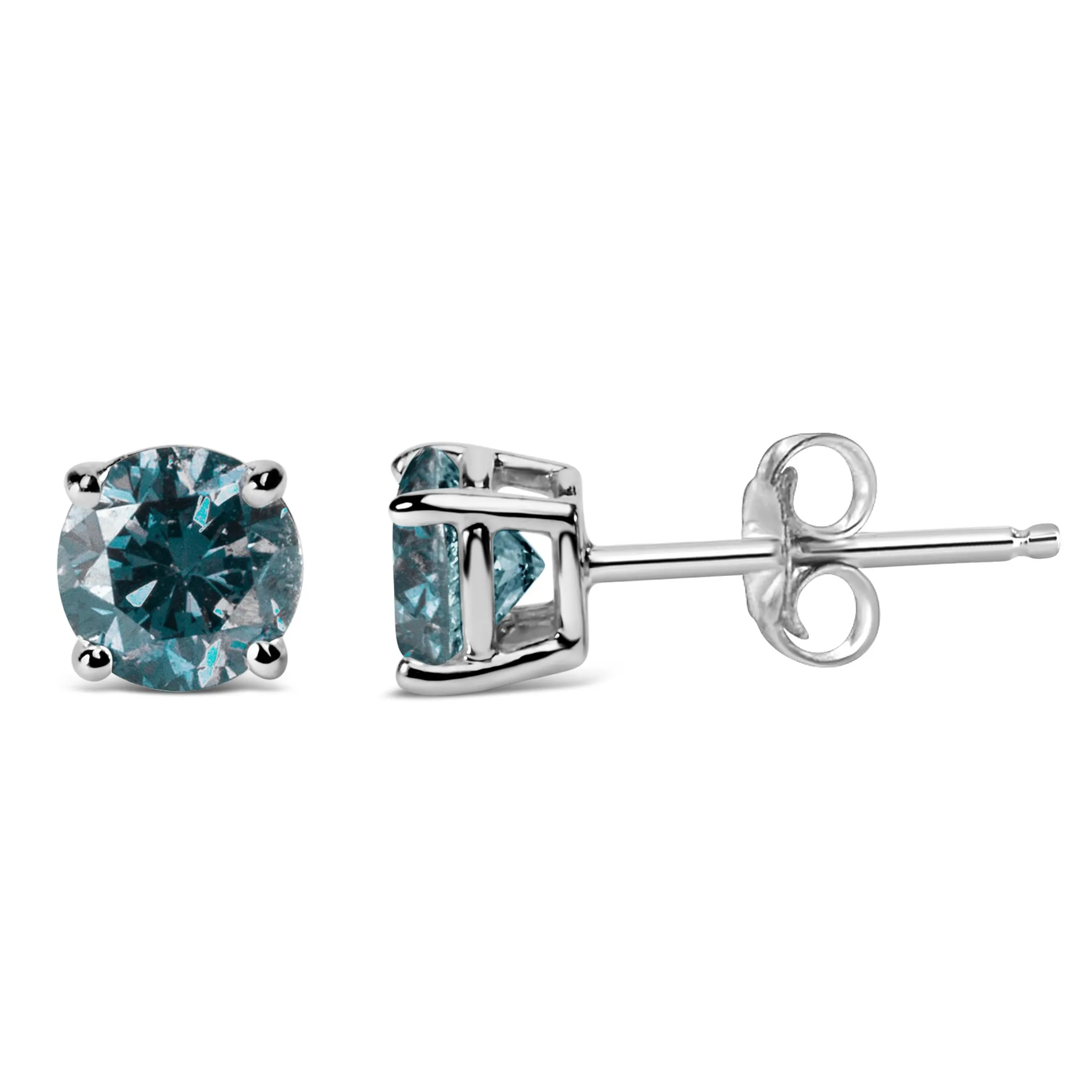 10K Gold Lab Created Round Brilliant Cut Diamond Classic 4-Prong Solitaire Stud Earrings - Pack Of: 1 | Stone color: Blue diamond | Metal color: White