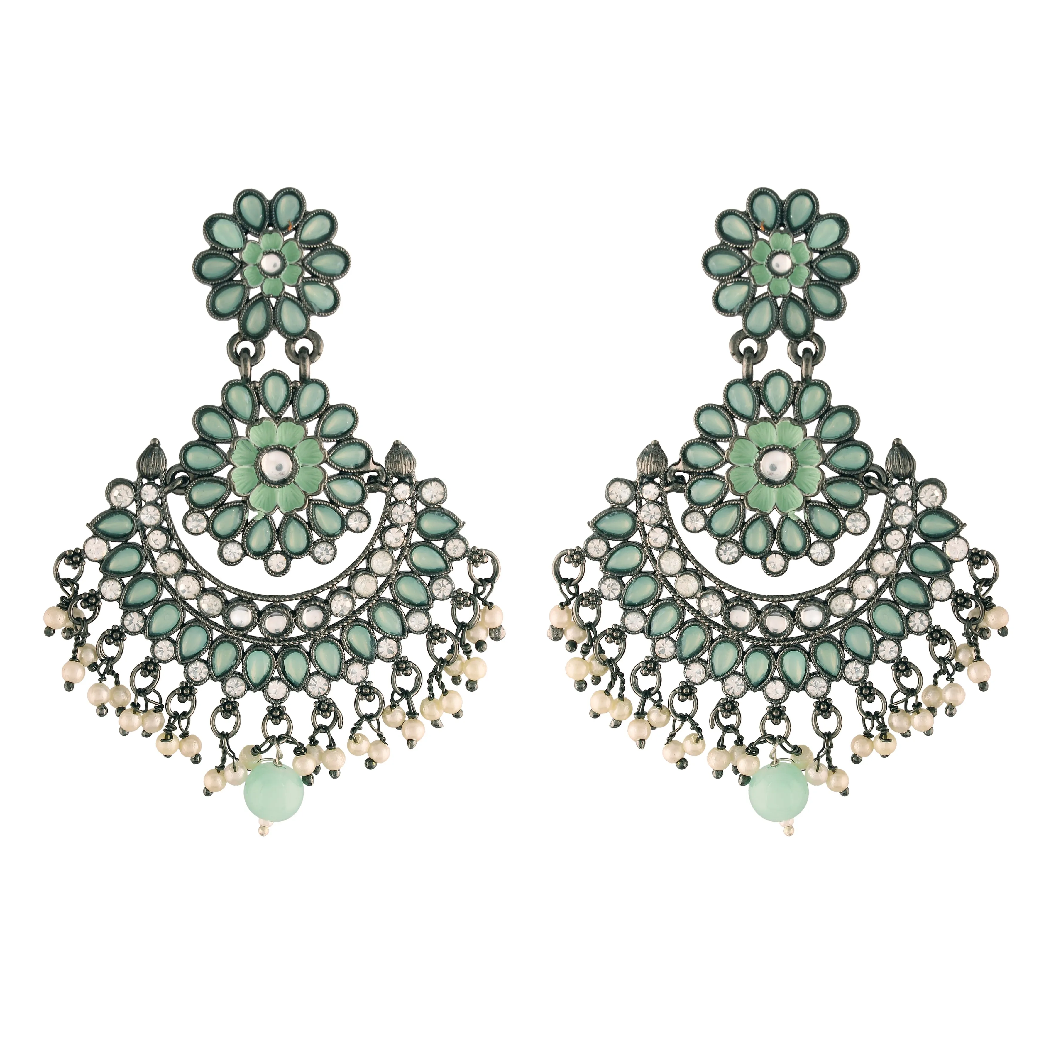 18K Silver Oxidised Traditional Meenakari Kundan & Stone Studded Chandbali Earrings For Women