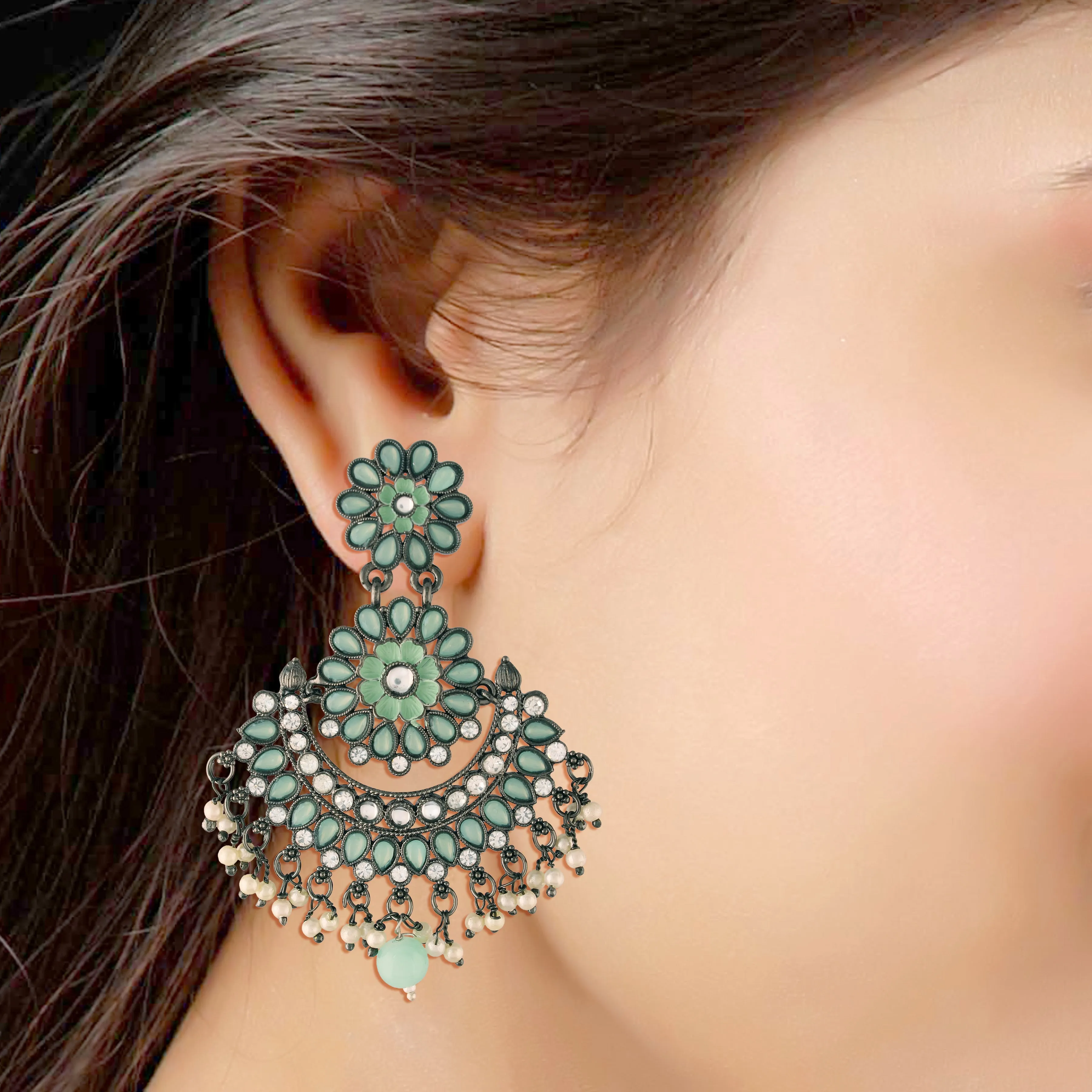 18K Silver Oxidised Traditional Meenakari Kundan & Stone Studded Chandbali Earrings For Women