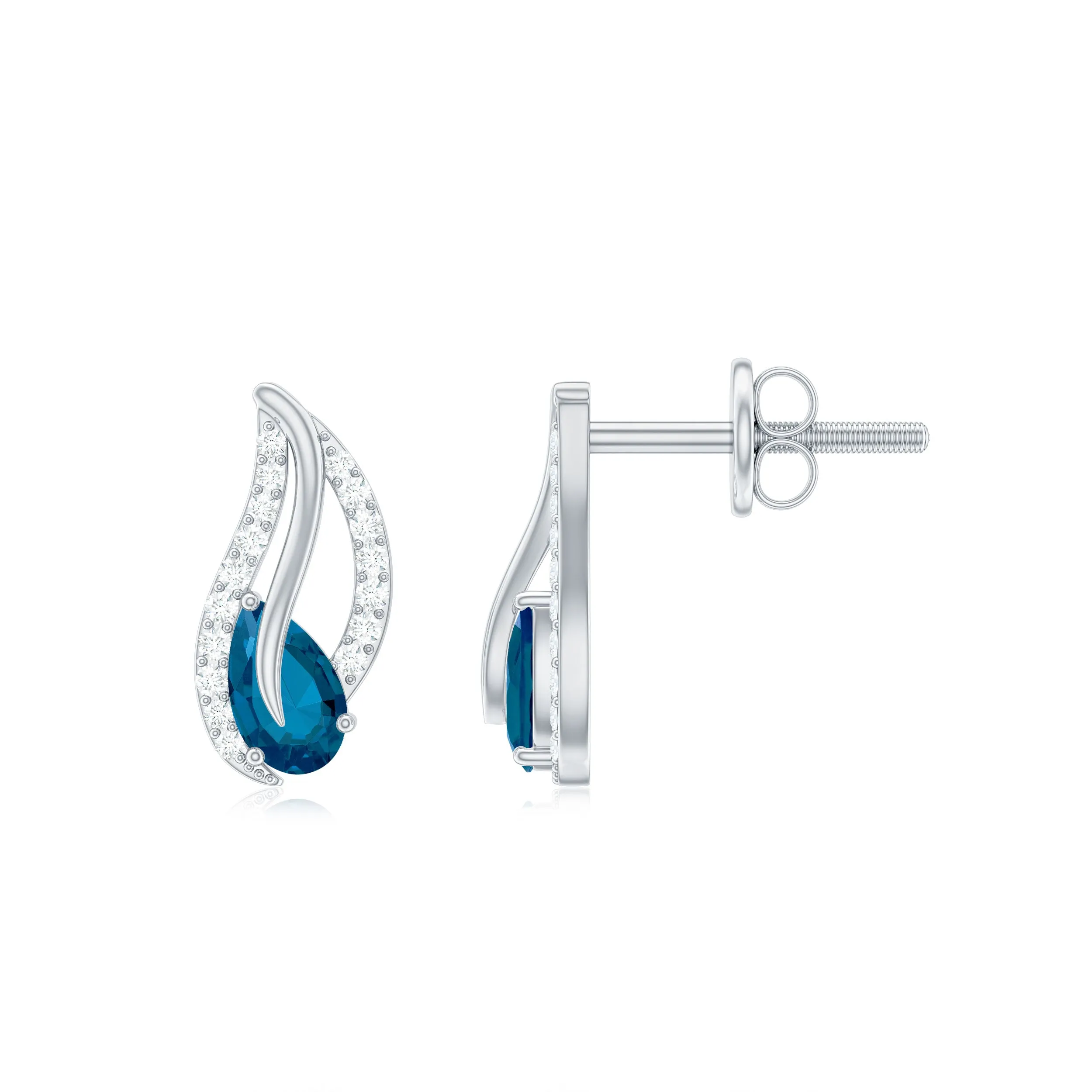 3/4 CT Pear Shape London Blue Topaz and Diamond Leaf Stud Earrings