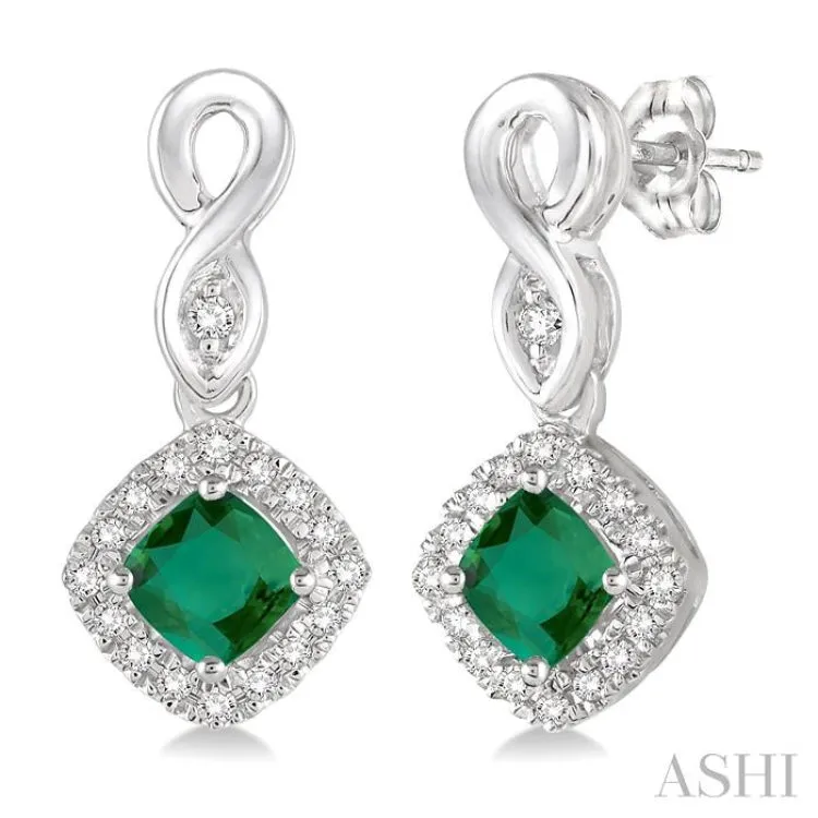 4x4 MM Cushion Shape Emerald and 1/5 Ctw Round Cut Diamond Earrings in 10K White Gold