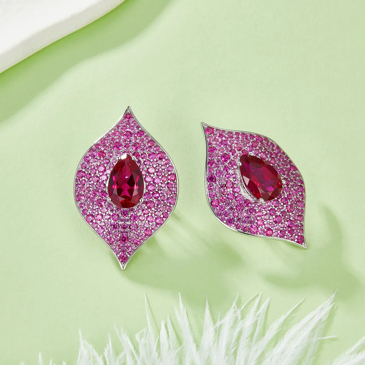 8.0 Carat Pear-Shaped Lab Created Gemstone S925 Silver-Plated Platinum Leaf Stud Earrings