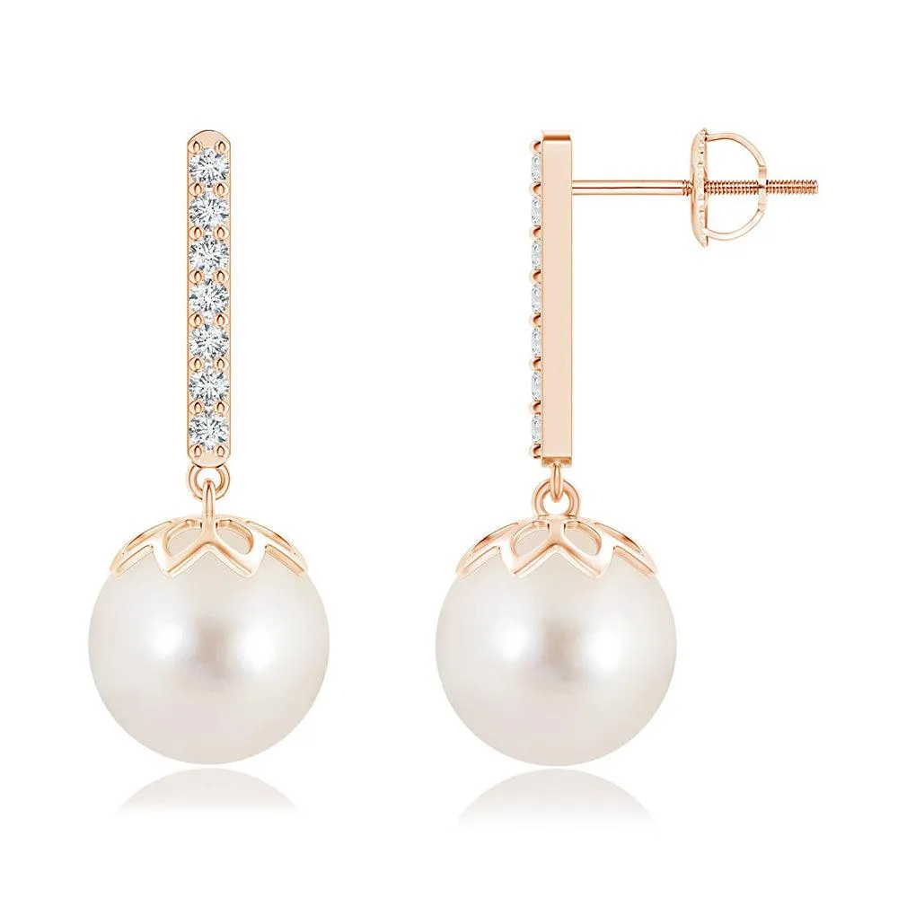 8mm Freshwater Cultured Pearl and Moissanite Pavé Bar Drop Earrings