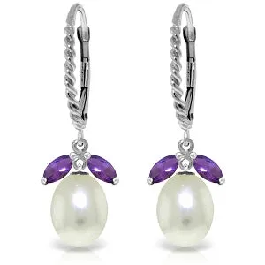 9 Carat 14K Solid White Gold Leverback Earrings Amethyst Pearl