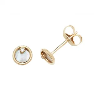 9ct Yellow Gold Zirconia &Mother Of Pearl Circle Stud Earrings ES619