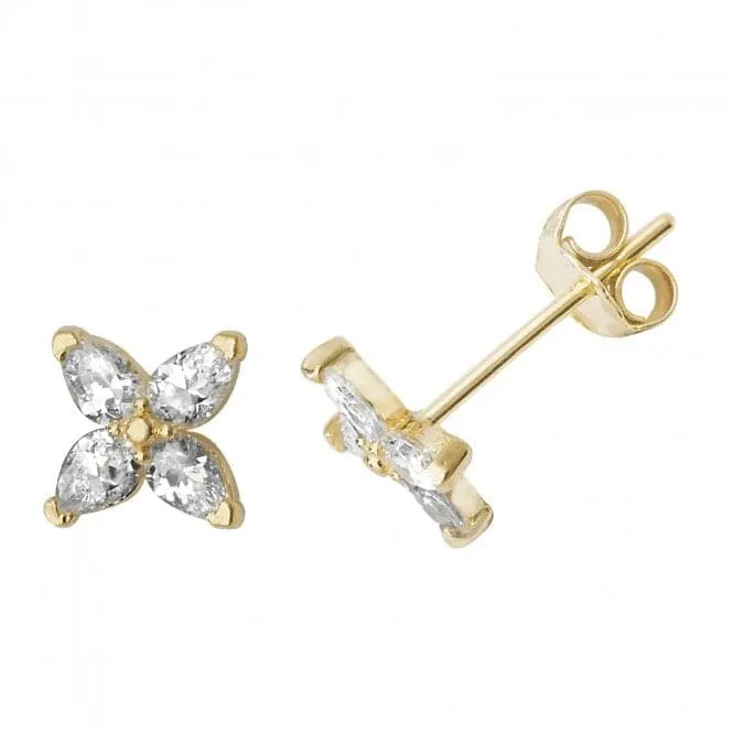 9ct Yellow Gold Zirconia Four-Petal Flower Stud Earrings ES500