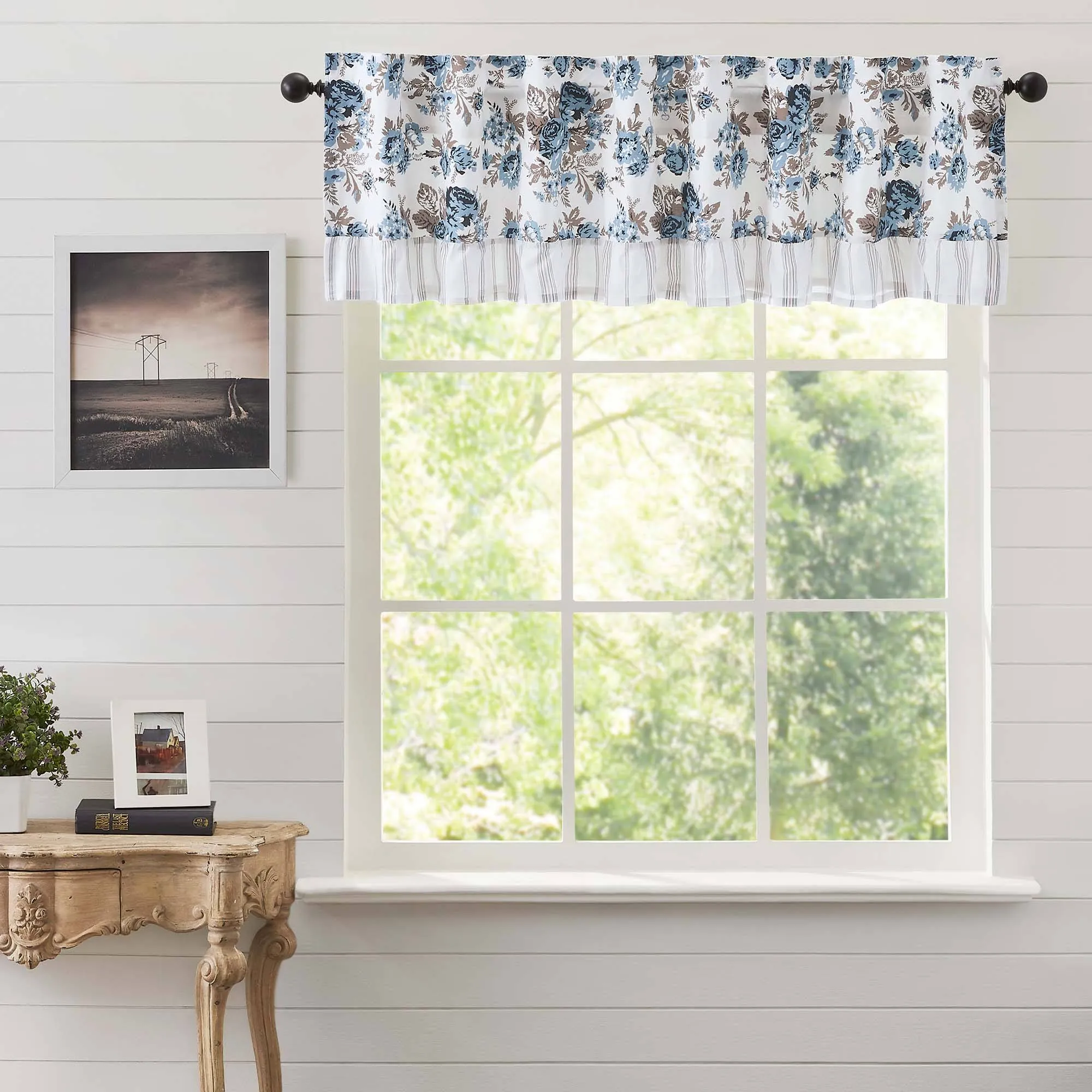 Annie Blue Floral Ruffled Lined Valance 60"