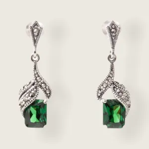 Art Deco Earrings Emerald Green Silver Marcasite  Crystal