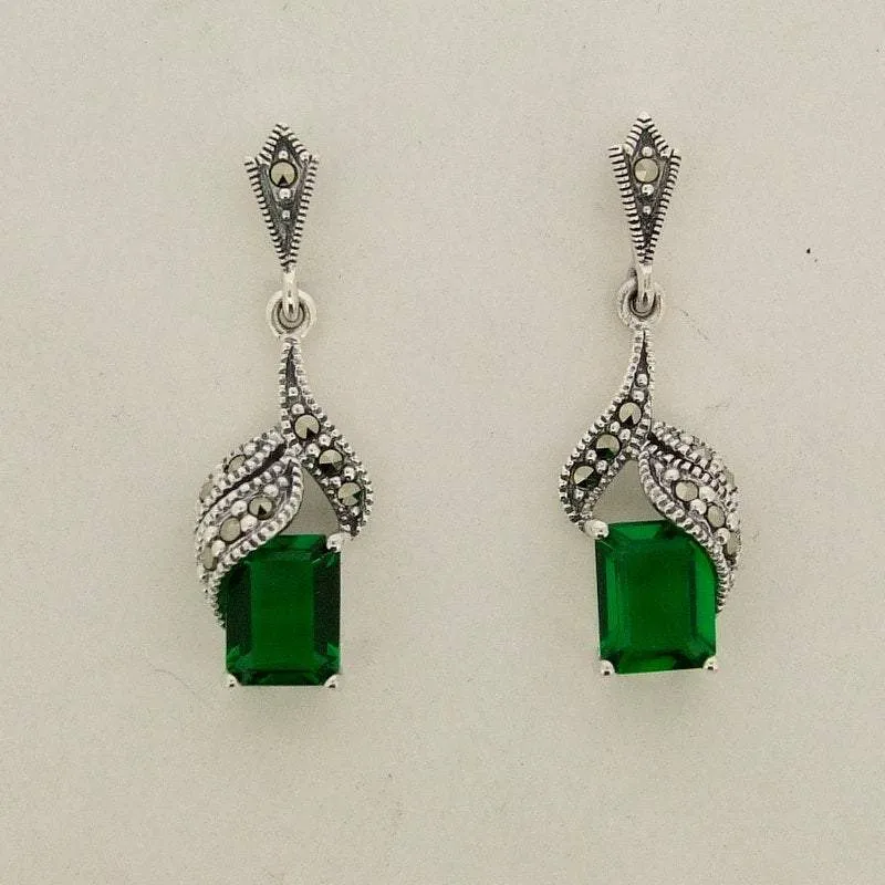 Art Deco Earrings Emerald Green Silver Marcasite  Crystal