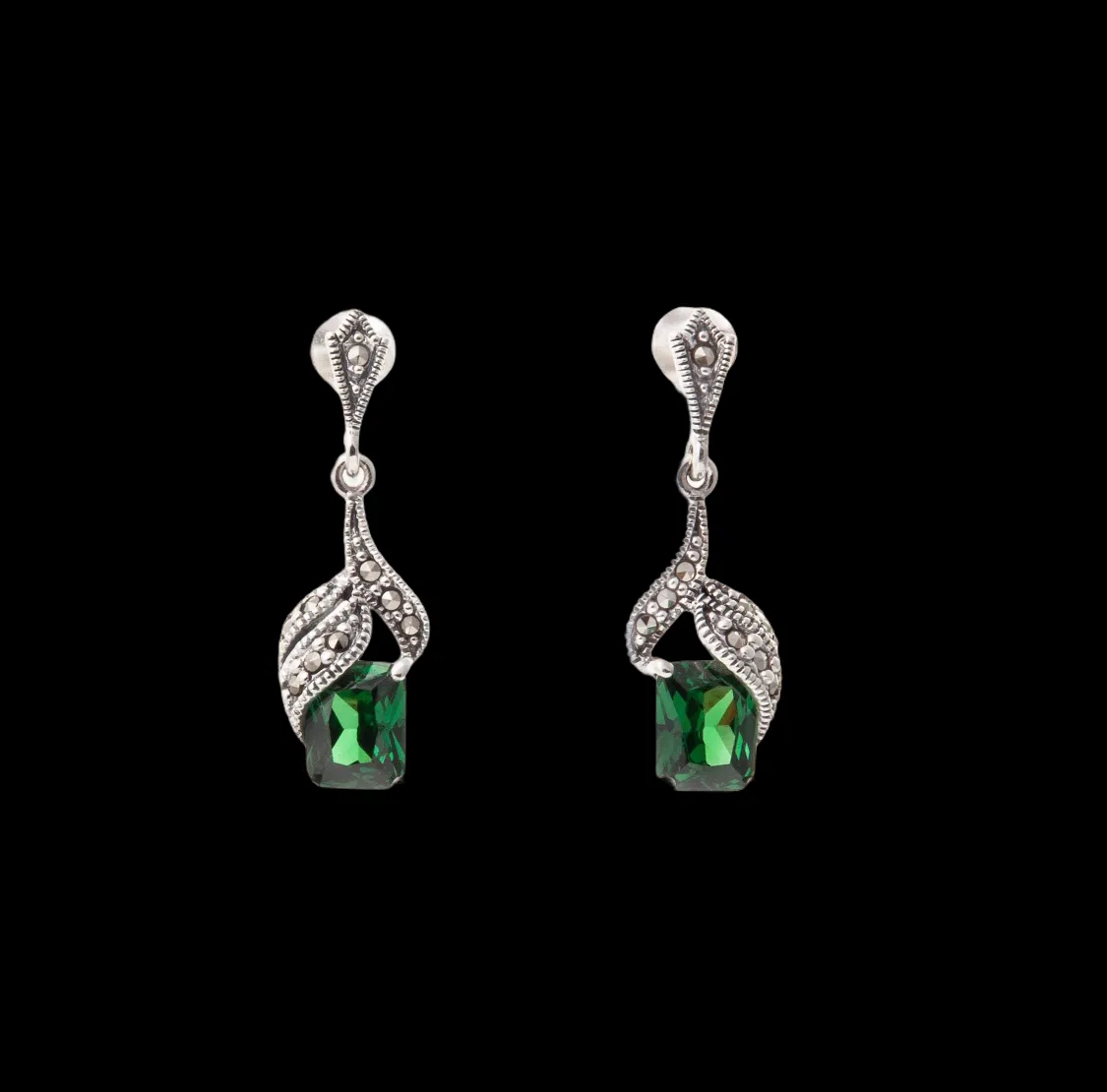 Art Deco Earrings Emerald Green Silver Marcasite  Crystal