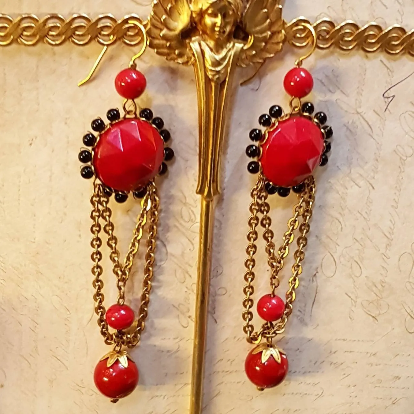 Askew London Earrings Chandelier Black Red Gold Glass unsigned