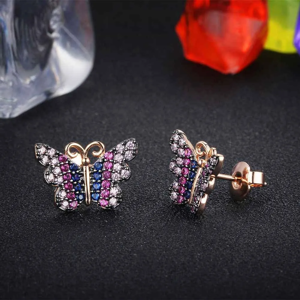 Beautiful 925 Silver Pink Butterfly Stud Earrings Fashion Party