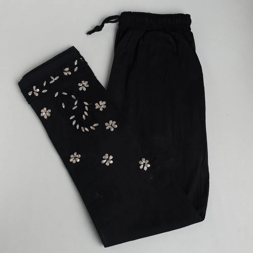 Black - Lucknow Chikankari Hand Embroidery Gota Patti Work Cotton Pant (Free Size)