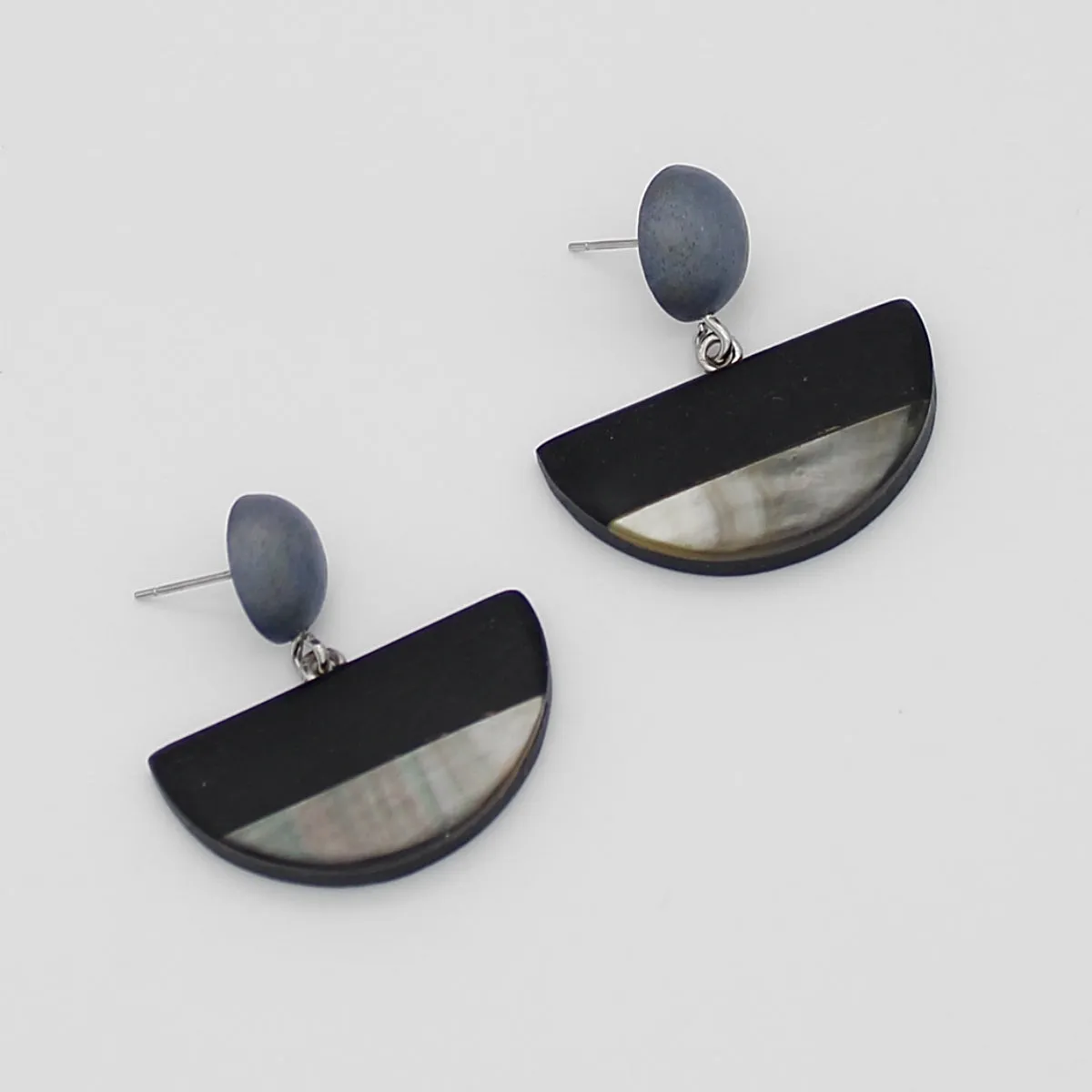 Black Wood and Shell Half Moon Earrings