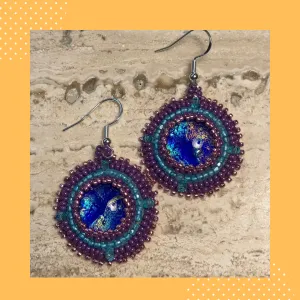 Blue and Purple Bead Embroidered Earrings