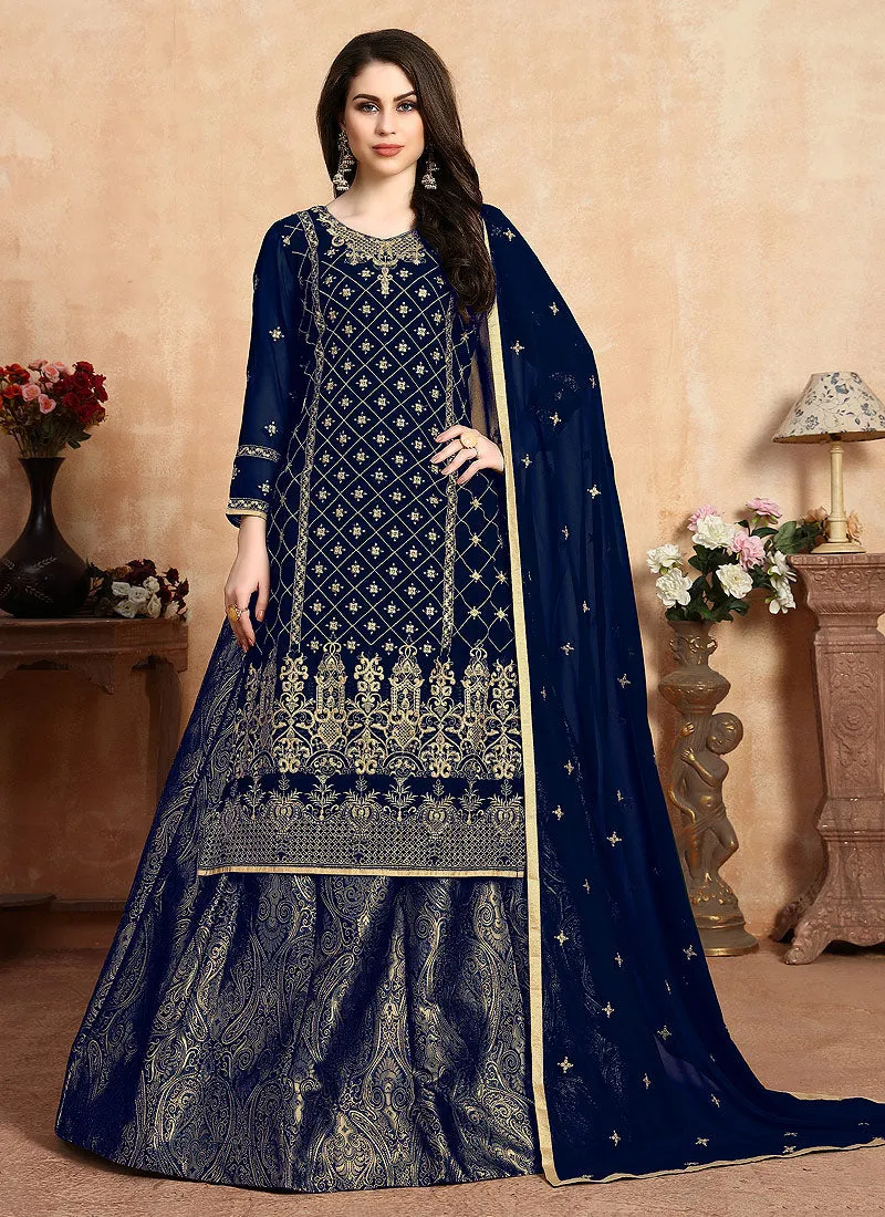 Blue Golden Wedding Lehenga Style Suit