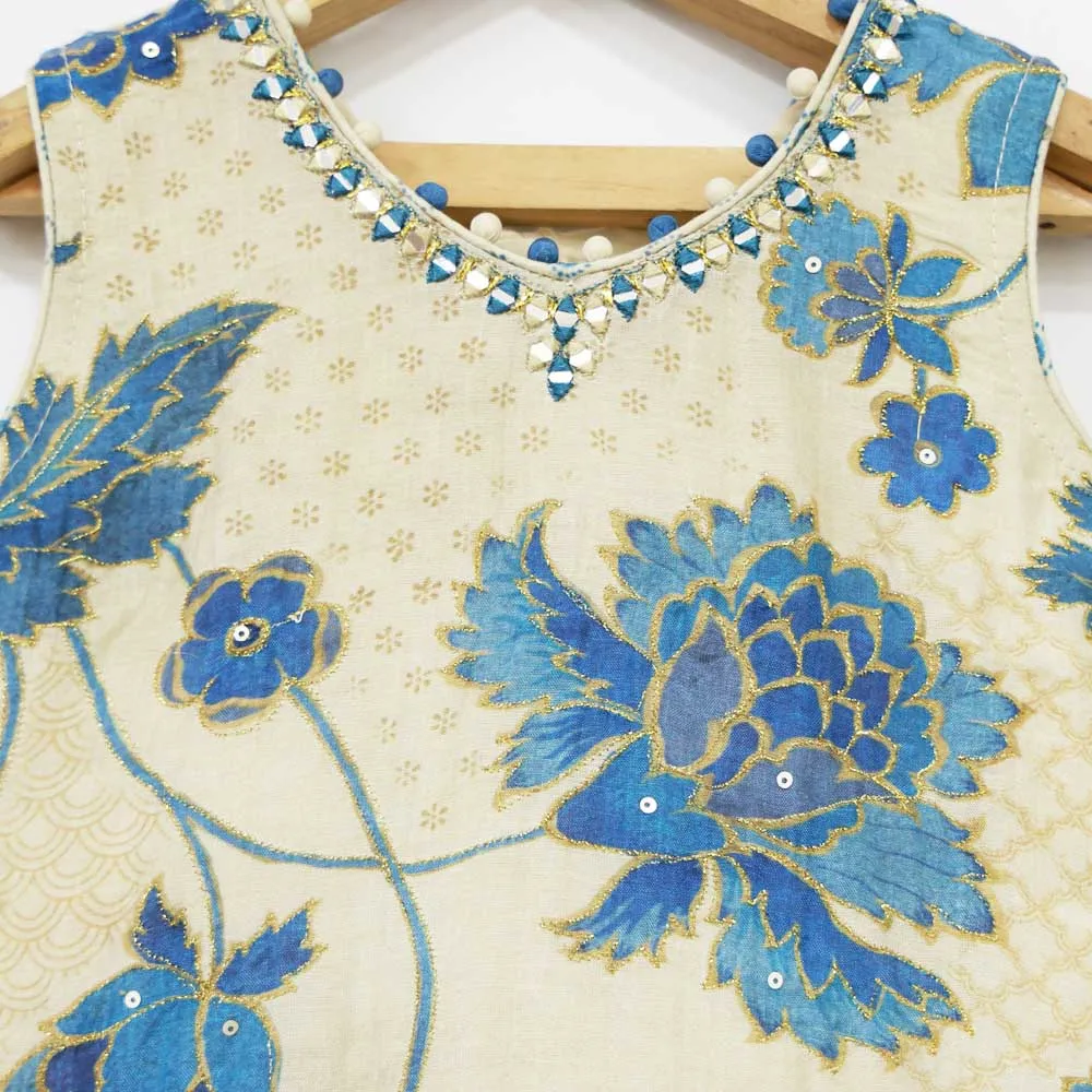 Blue Mirror Embroidered Kurta With Sharara & Dupatta