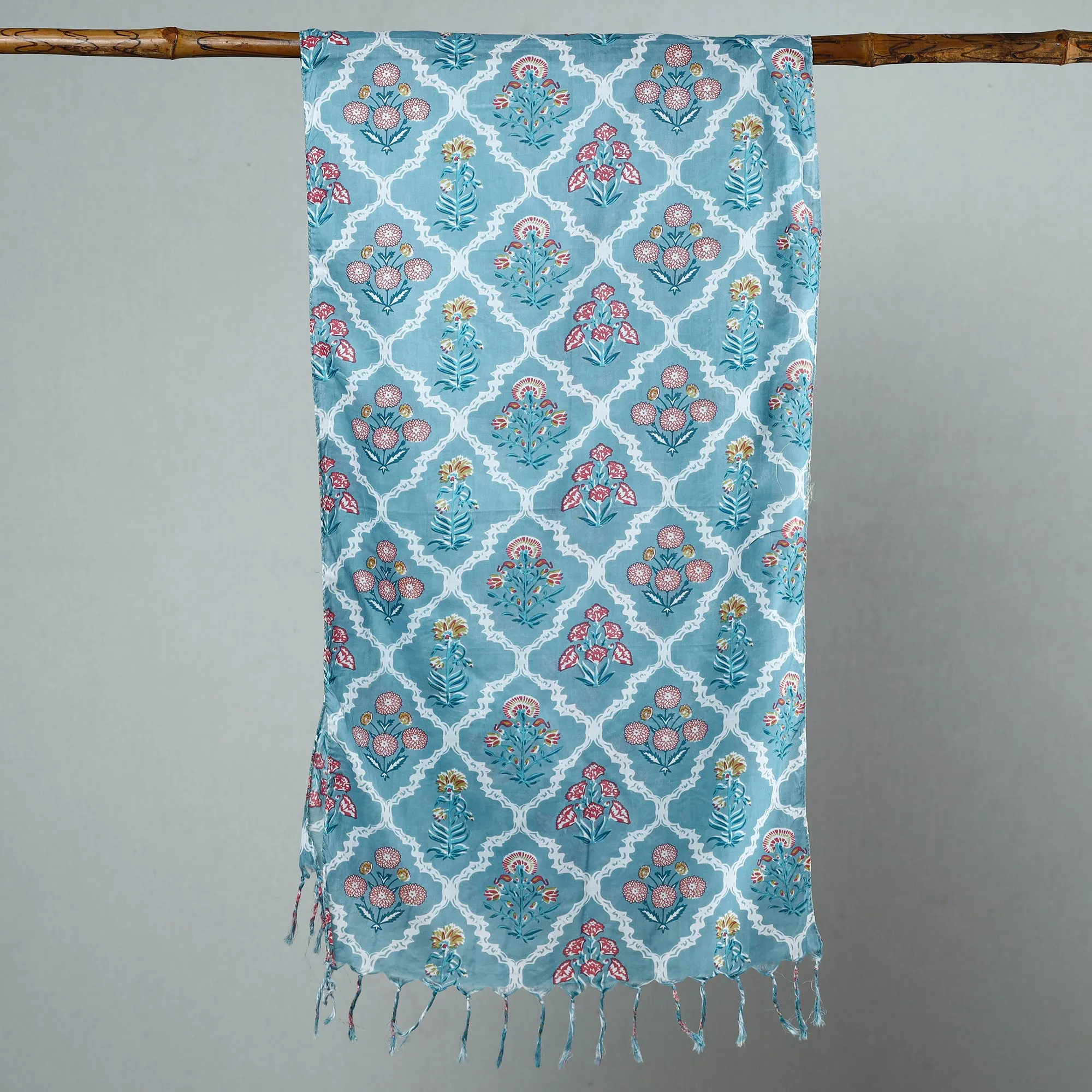 Blue - Sanganeri Block Printed Cotton Stole with Tassels 80