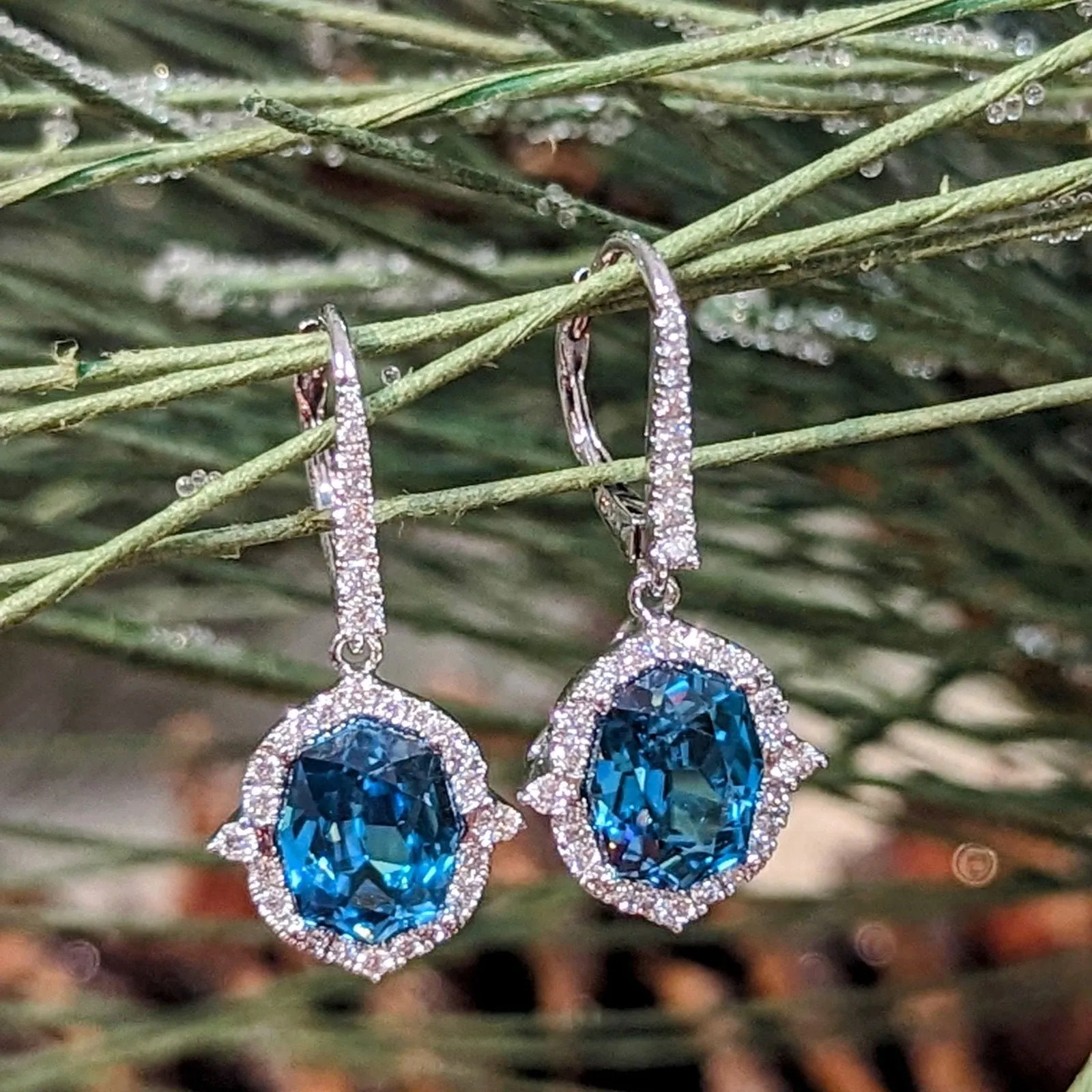 Blue Zircon Halo Dangle Earrings