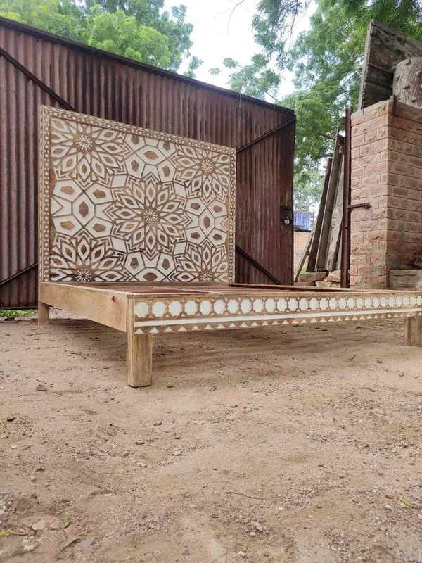 Carved Geometric Floral Design Handmade Wooden Bed