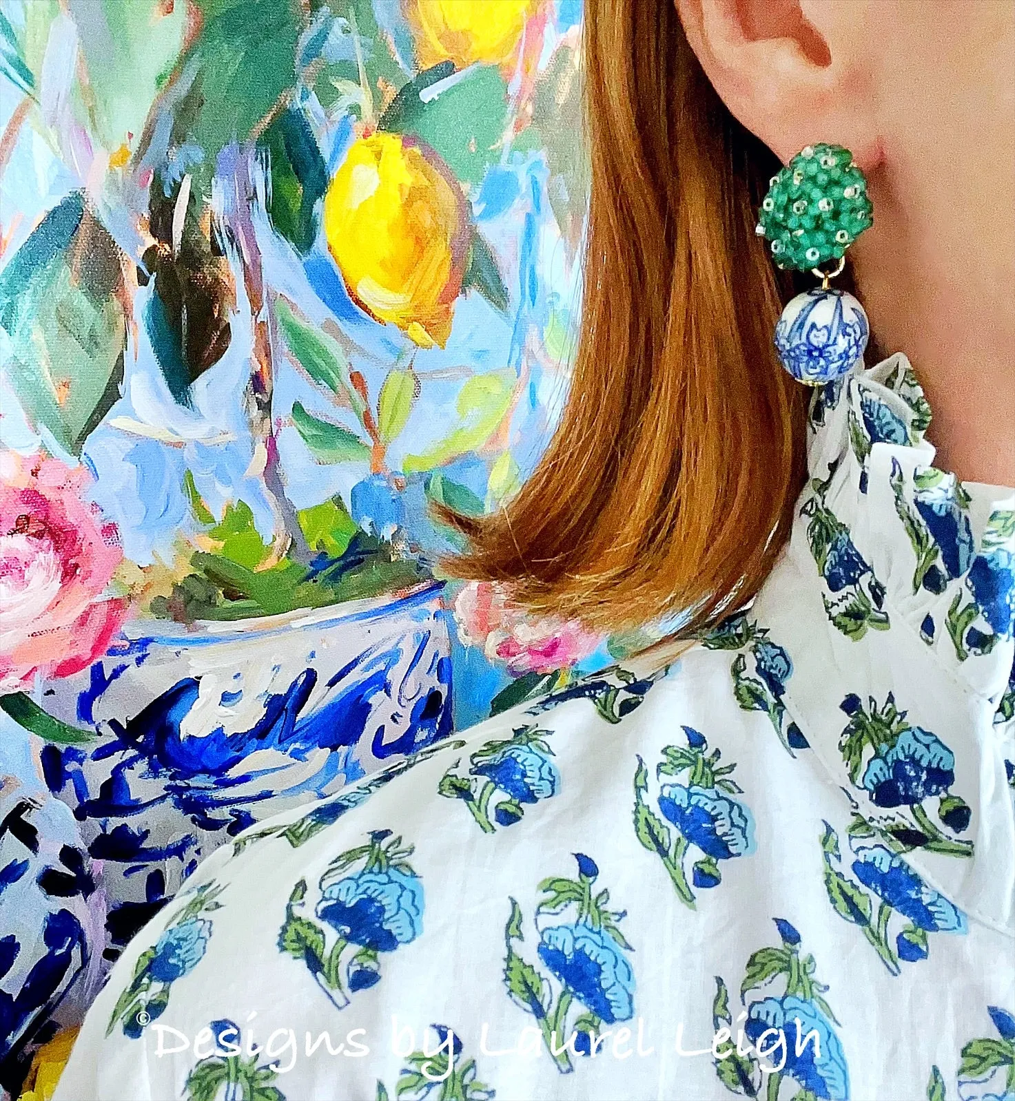 Chinoiserie Green Hydrangea Blossom Earrings