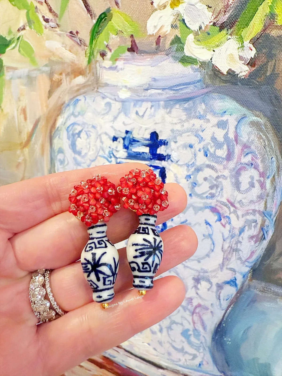 Chinoiserie Red Hydrangea Blossom Earrings