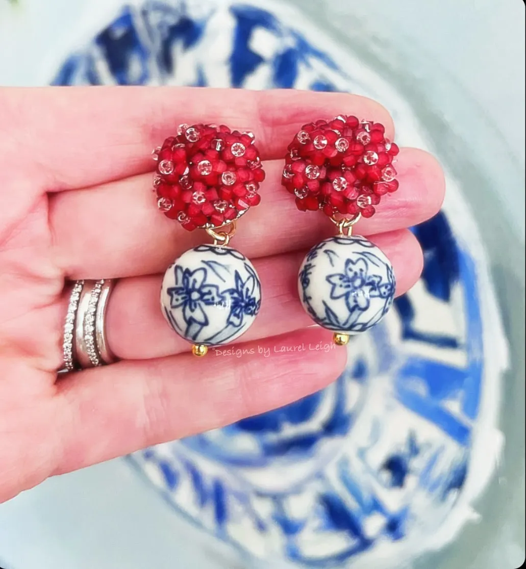 Chinoiserie Red Hydrangea Blossom Earrings