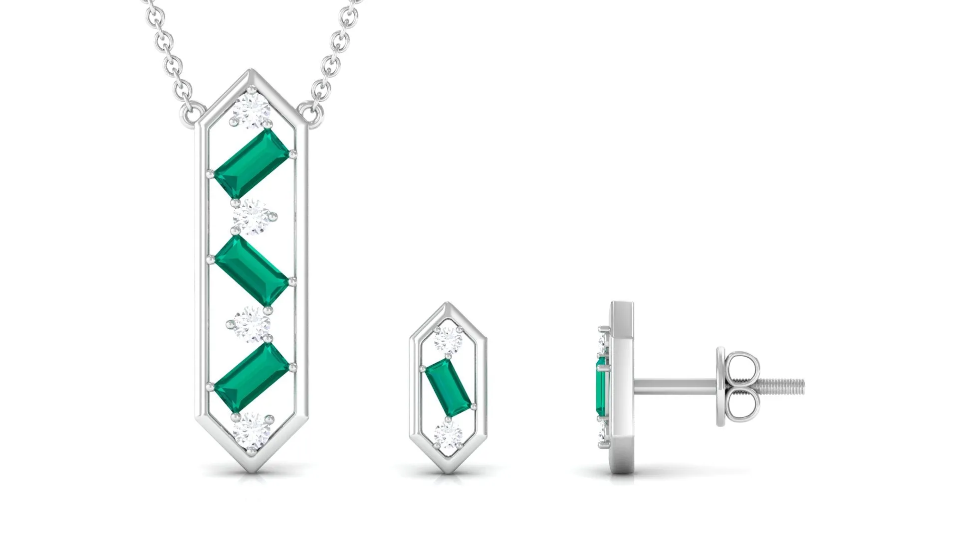 Contemporary Emerald and Diamond Dangle jewelry Set