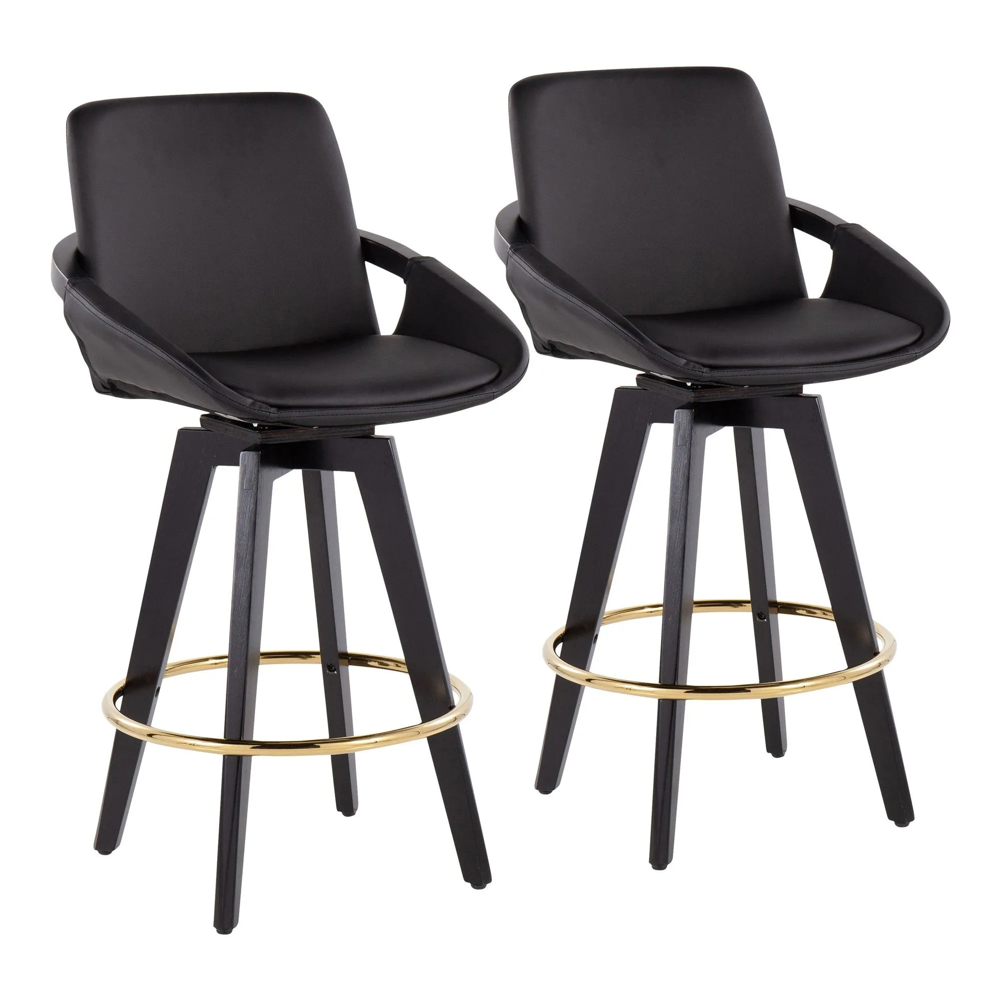 Cosmo Contemporary Counter Stool with Swivel in Black Wood and Black Faux Leather Seat by - Set of 2