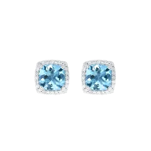 Cushion Aquamarine And Diamond Halo Stud Earring in 18k White Gold