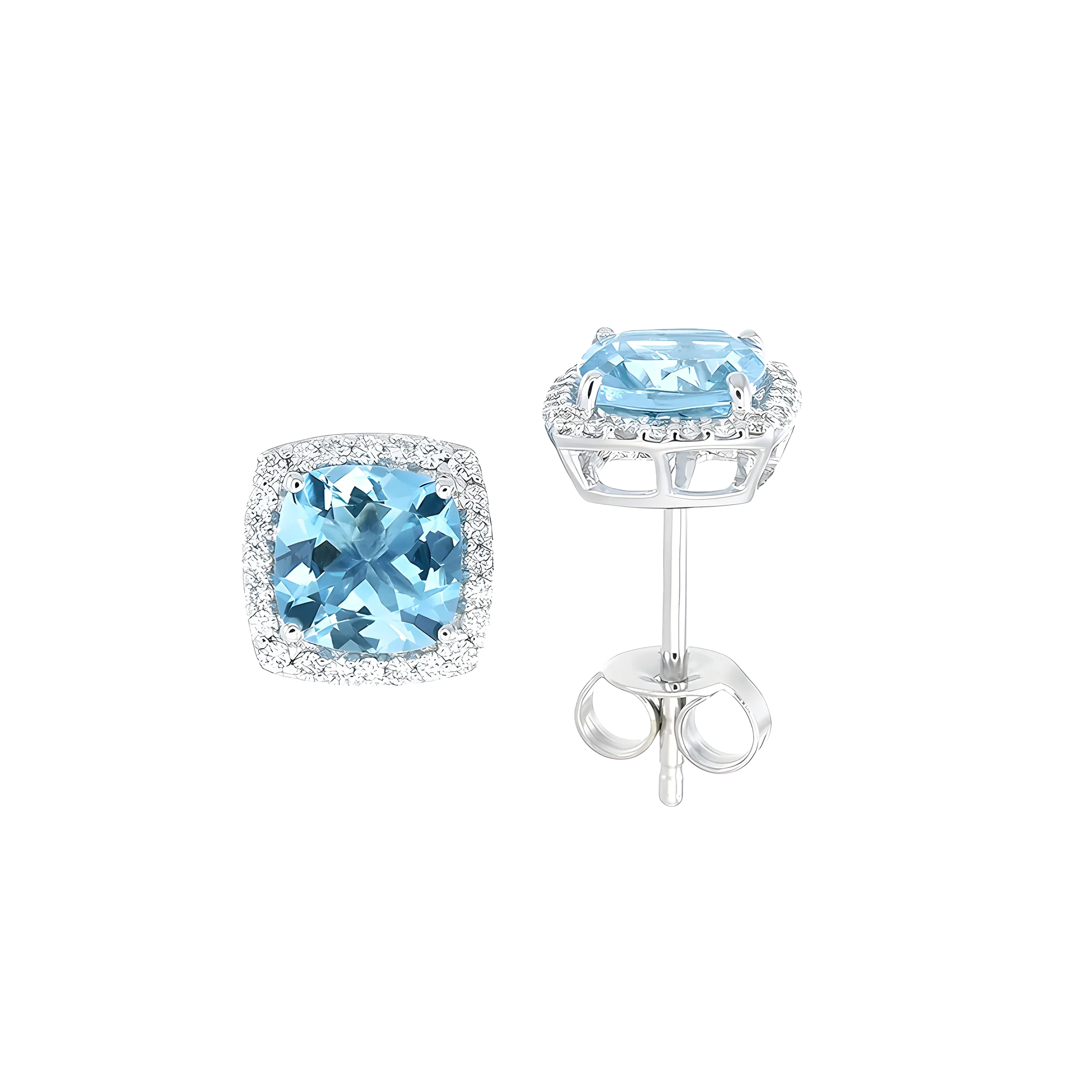 Cushion Aquamarine And Diamond Halo Stud Earring in 18k White Gold