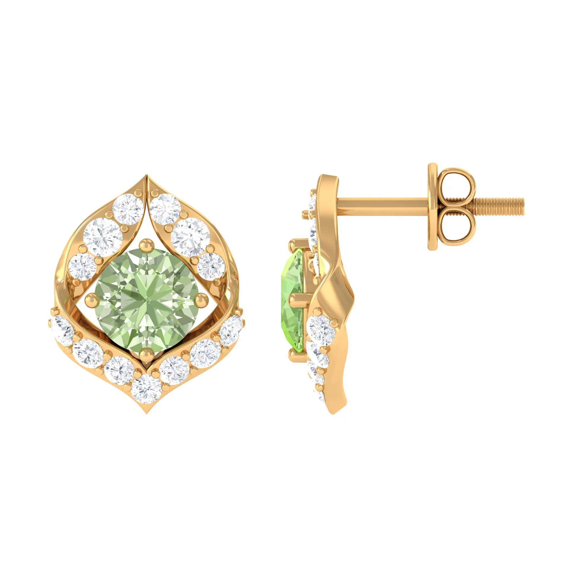 Dainty Green Sapphire and Diamond Petal Stud Earrings