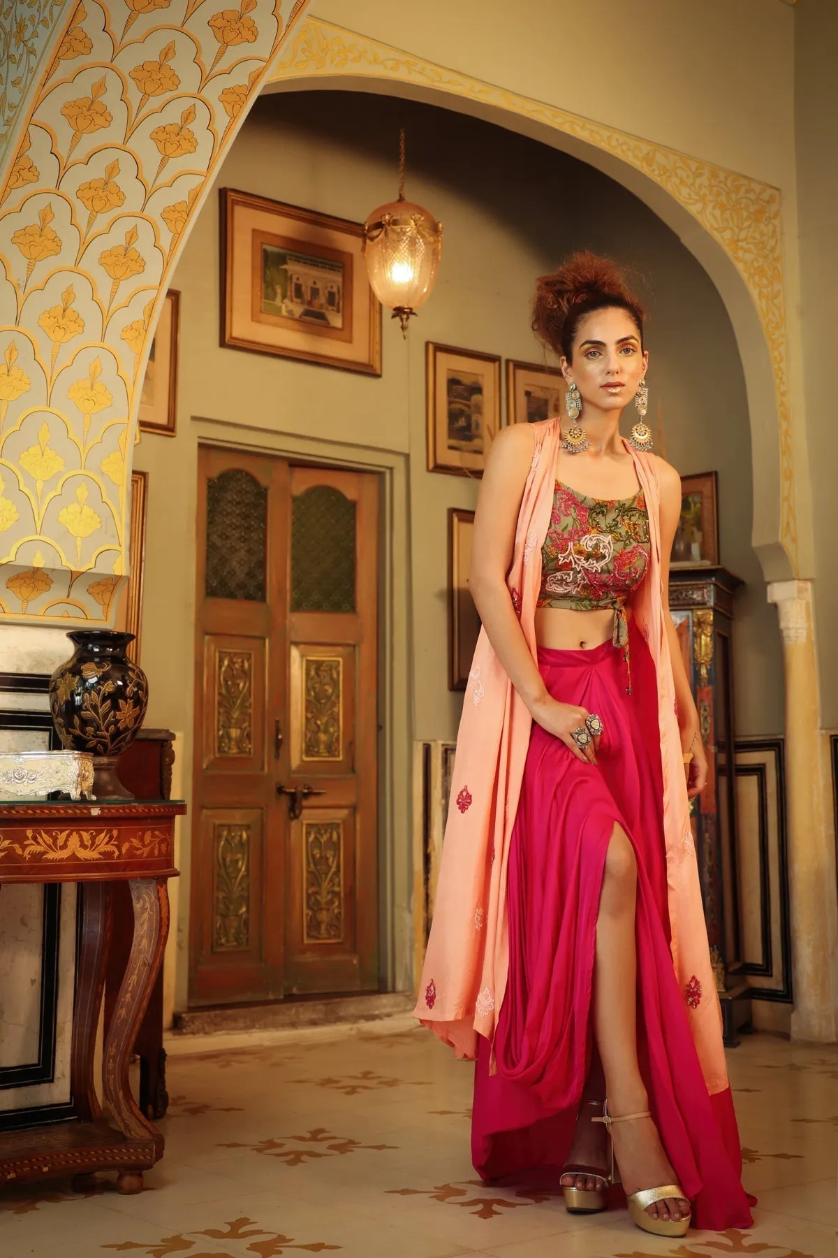 Dilruba sage green peach hot pink rangeen sitara tie up top with drape skirt and cape set