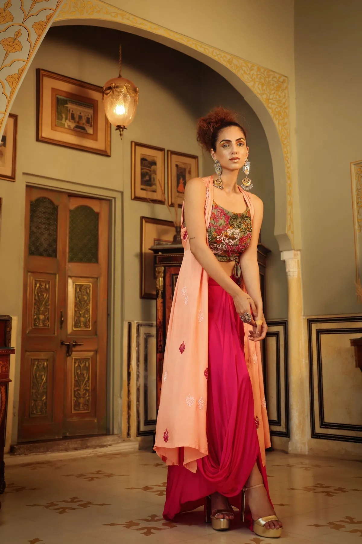 Dilruba sage green peach hot pink rangeen sitara tie up top with drape skirt and cape set