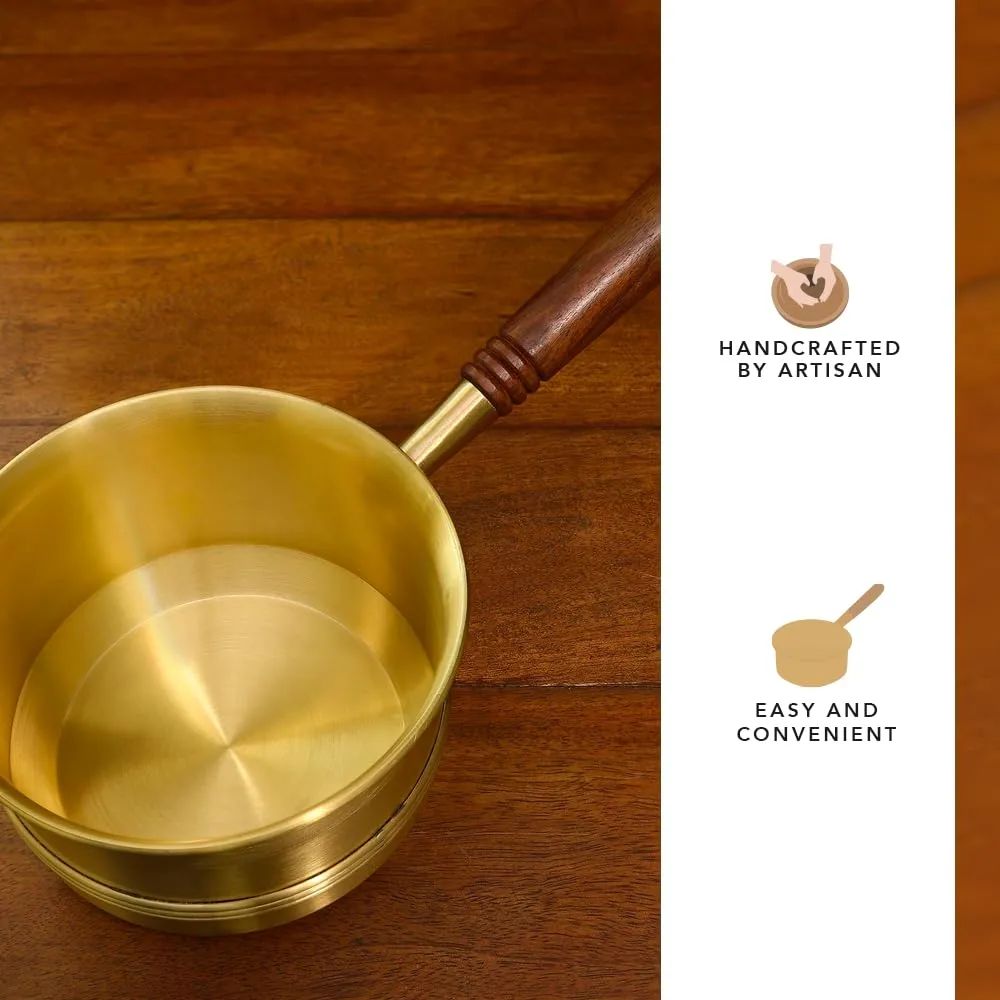 Ellementry Arra Brass Tea Pan with Wooden Handle - 750 ml | Induction Pan/Sauce Pan/Chai Pan/Milk Pan/Tapeli Patila | Long Stay Cool Handle | Small Non Stick Saucepan | Induction and Gas Ready