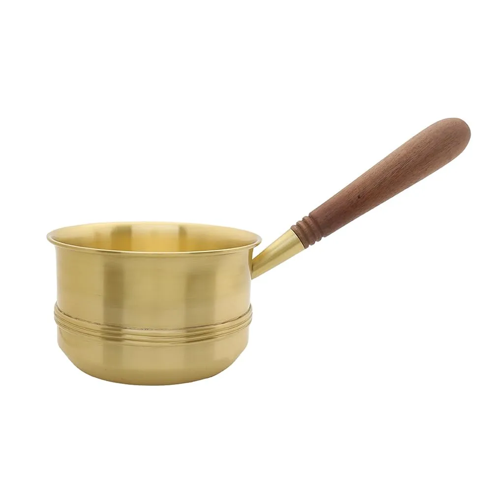 Ellementry Arra Brass Tea Pan with Wooden Handle - 750 ml | Induction Pan/Sauce Pan/Chai Pan/Milk Pan/Tapeli Patila | Long Stay Cool Handle | Small Non Stick Saucepan | Induction and Gas Ready