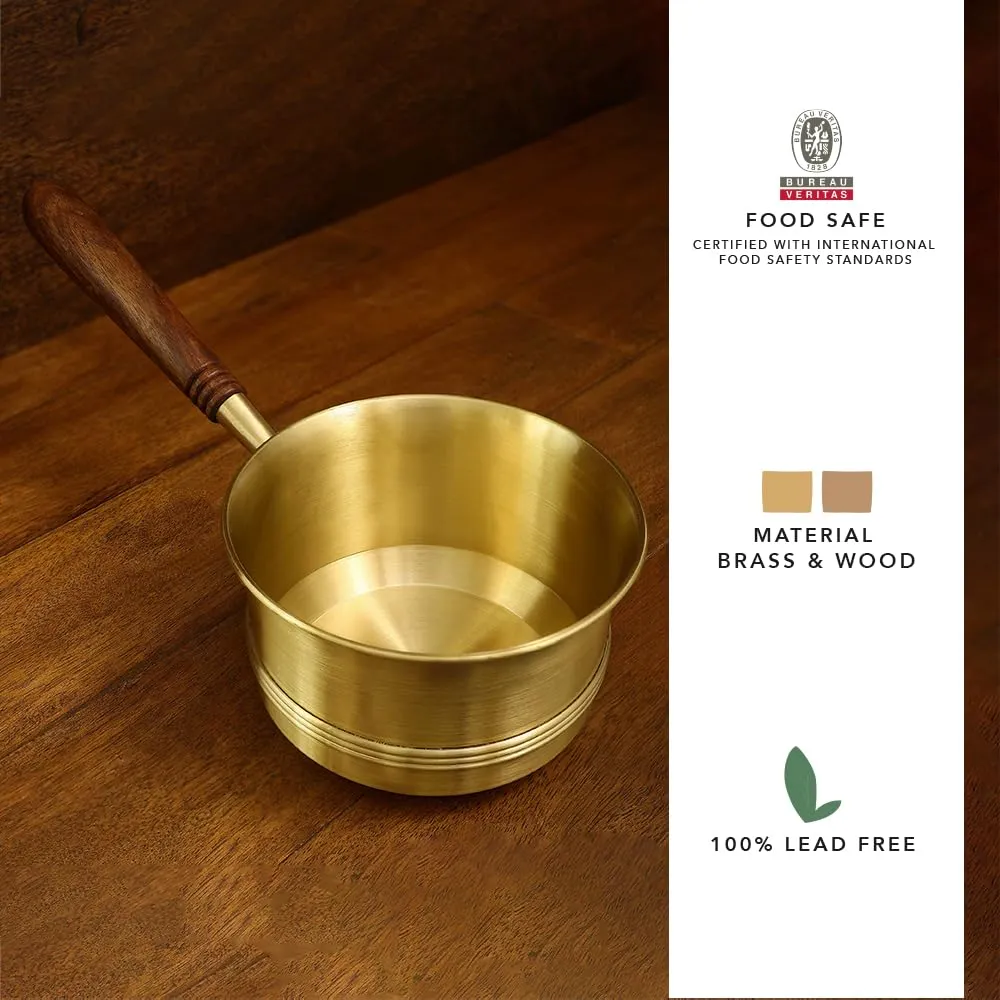 Ellementry Arra Brass Tea Pan with Wooden Handle - 750 ml | Induction Pan/Sauce Pan/Chai Pan/Milk Pan/Tapeli Patila | Long Stay Cool Handle | Small Non Stick Saucepan | Induction and Gas Ready