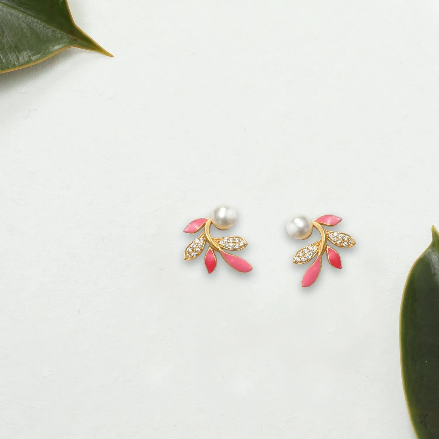 Eriha Pearl Delicate Pink Leaf Stud Earrings