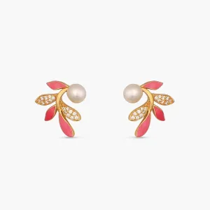 Eriha Pearl Delicate Pink Leaf Stud Earrings