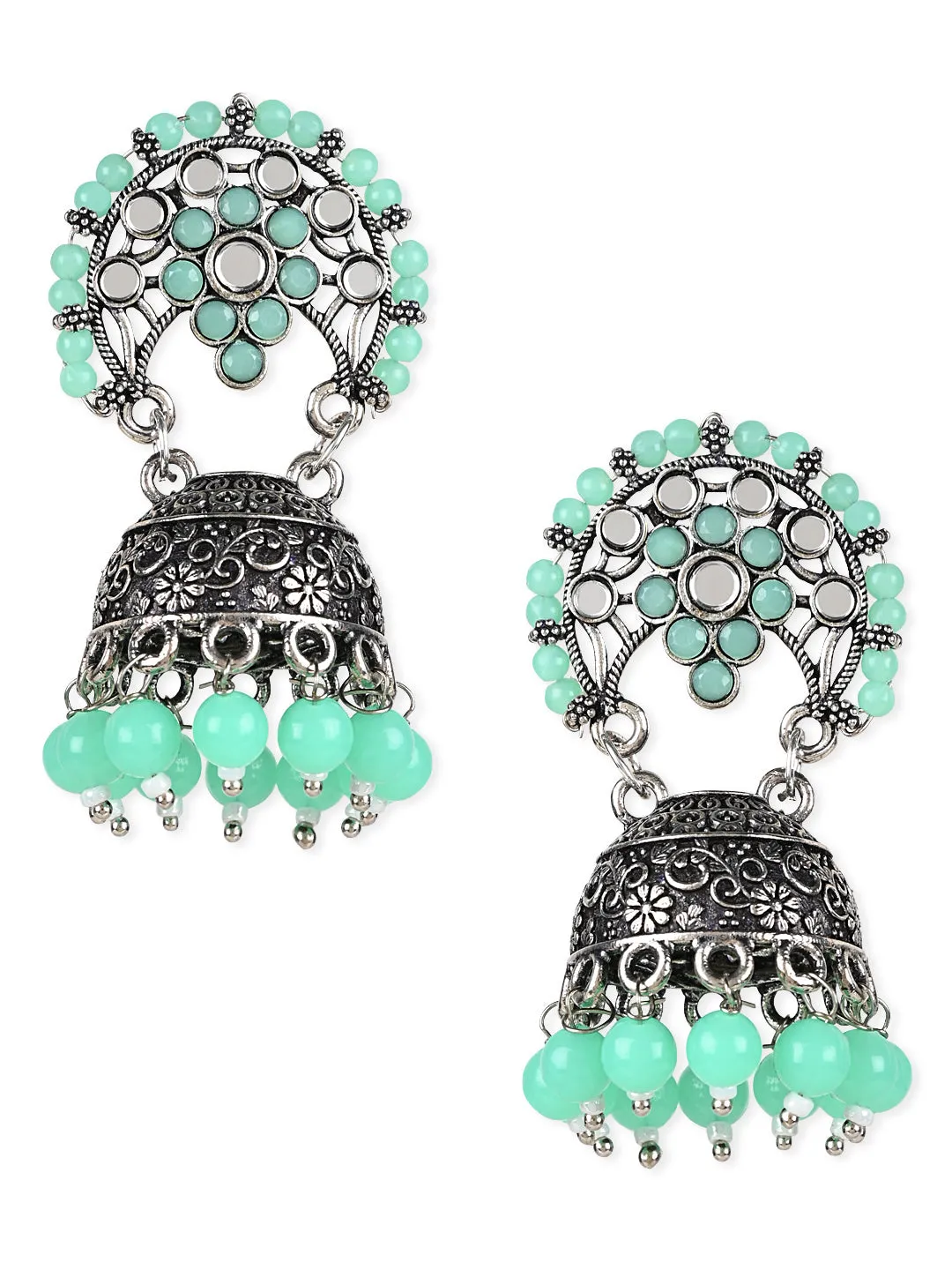 Ethnic Silver Oxidised Traditional Mint Kundan & Stone Jhumka Earrings For Women