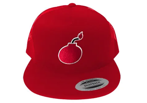 FLAT BILL RED SNAPBACK TRUCKER HAT WITH BOMB LOGO