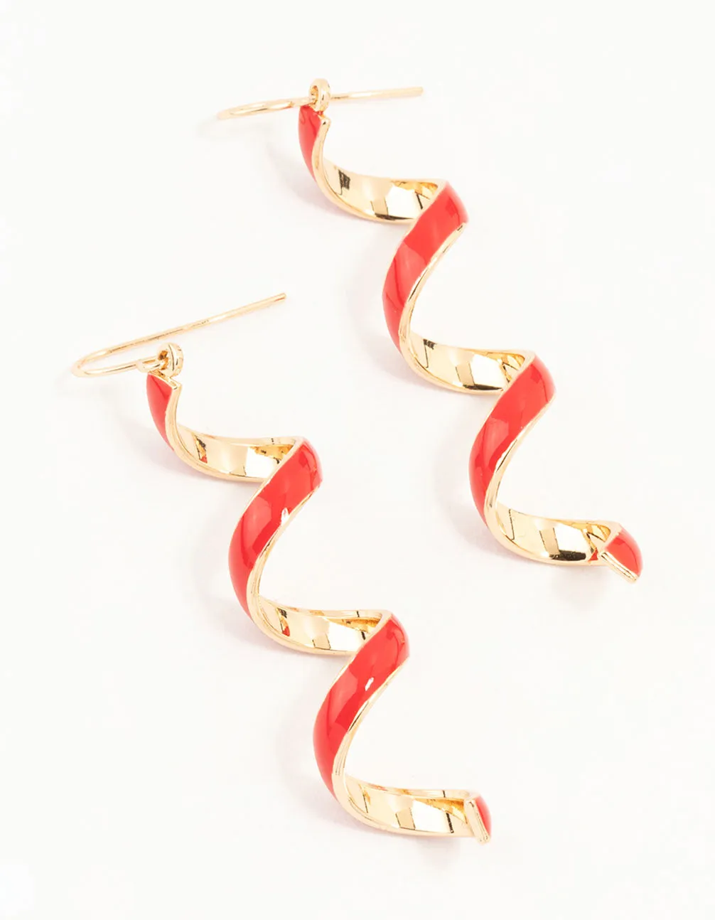 Gold Red Enamel Spiral Drop Earrings