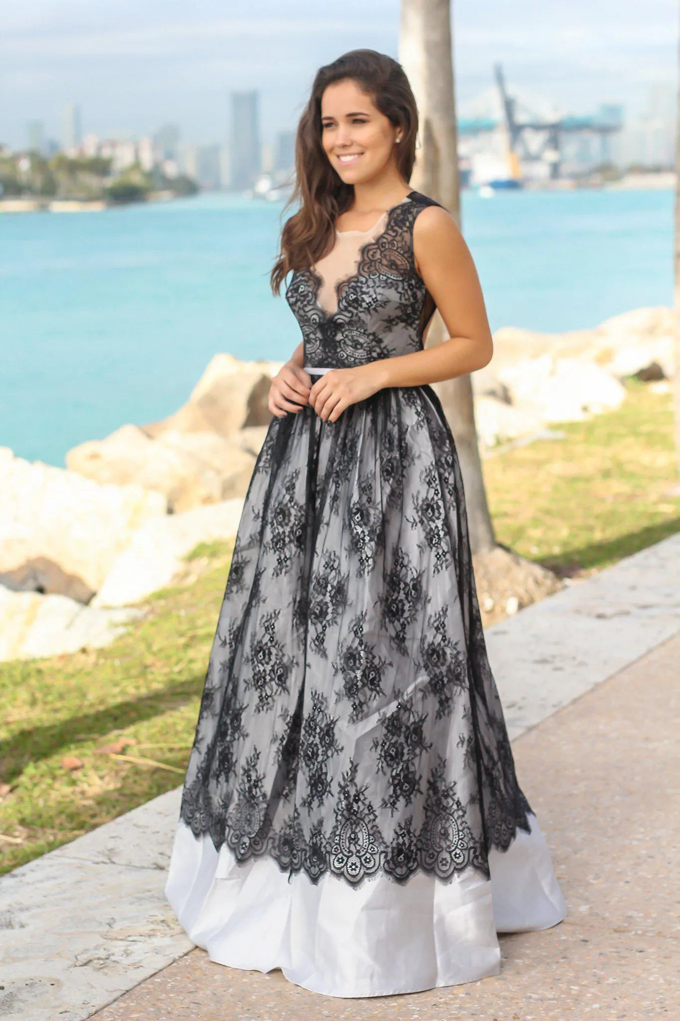 Gray and Black Lace Maxi Dress