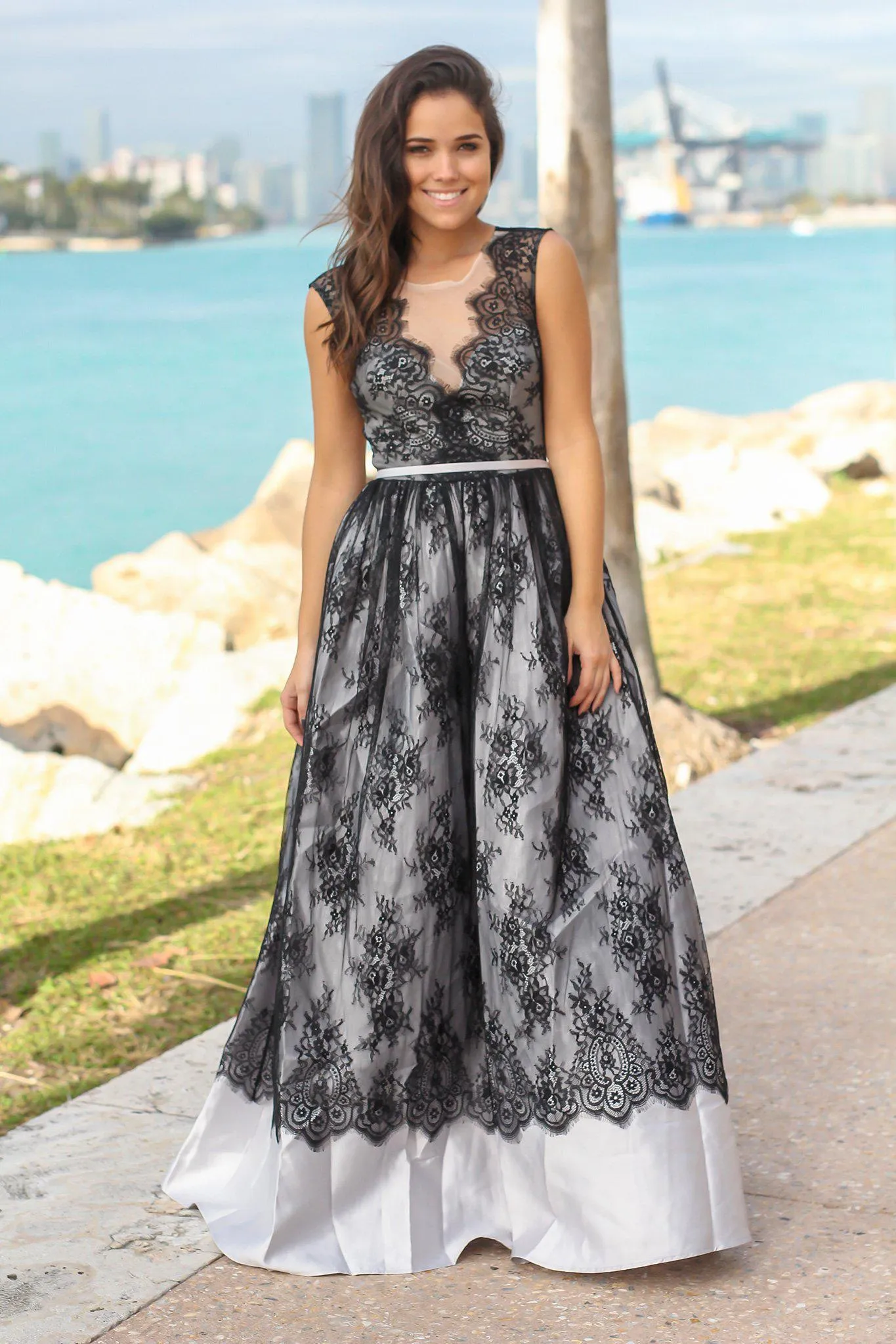 Gray and Black Lace Maxi Dress