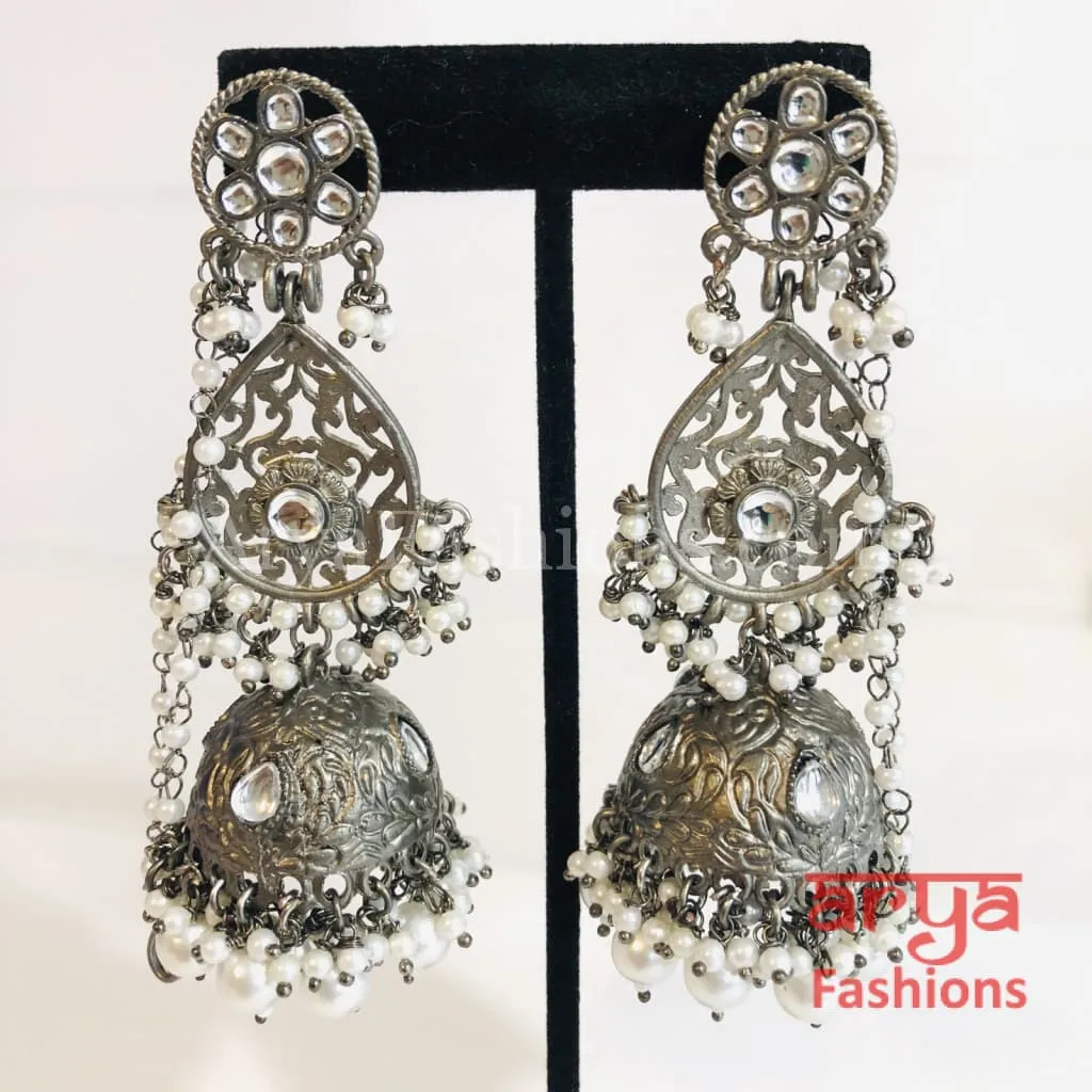 Gray Long Triple Jhumka Traditional Earrings