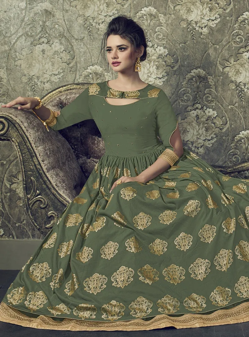 Green And Golden Embroidered Flared Anarkali Suit