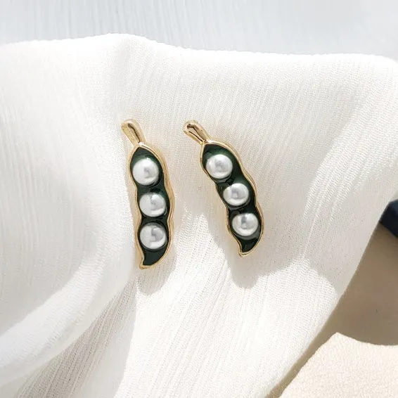 Green Pea White Pearl Beans Invisible Clip On Stud Earrings