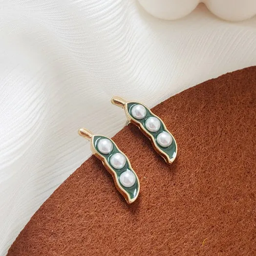 Green Pea White Pearl Beans Invisible Clip On Stud Earrings