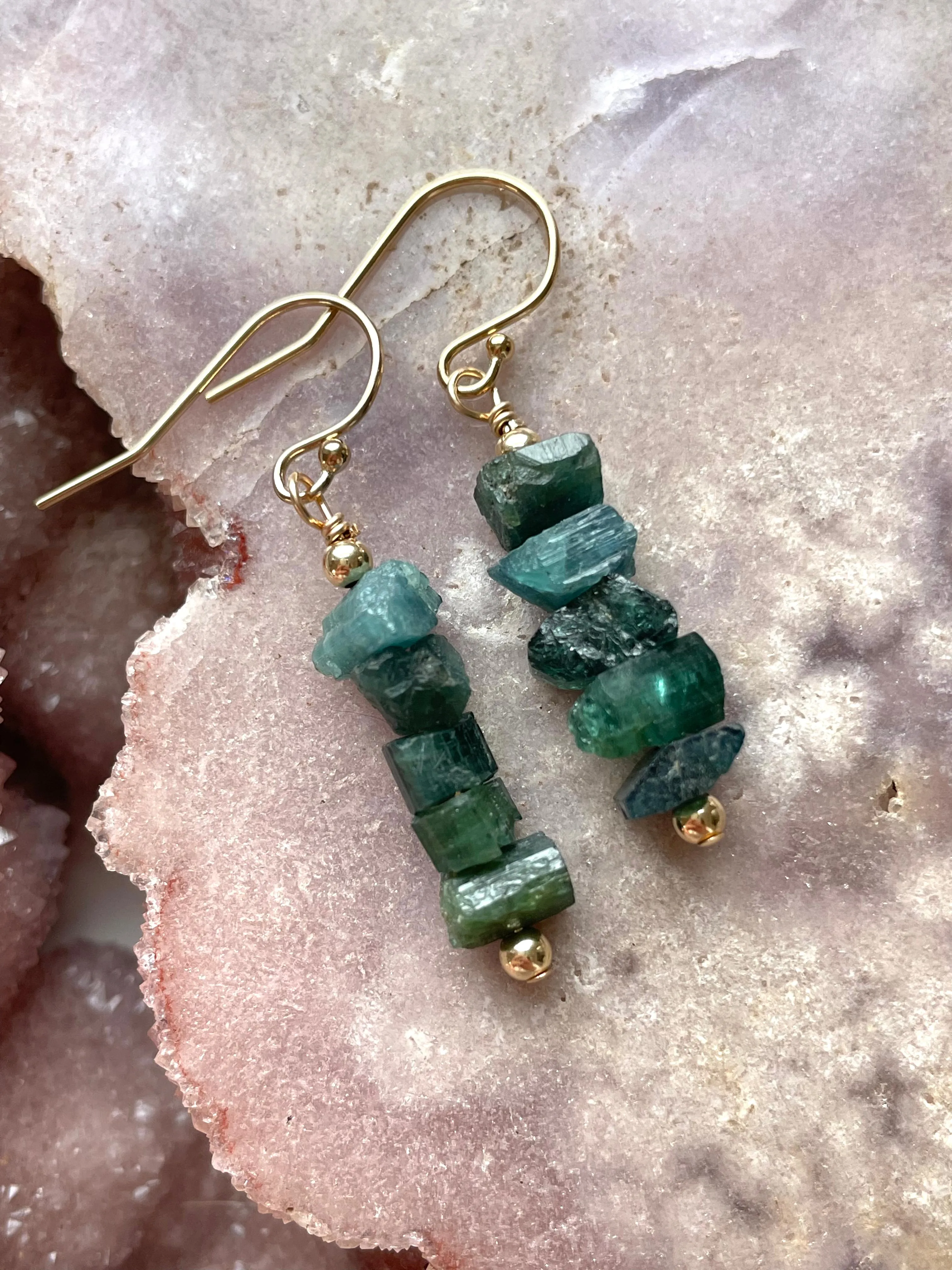 Green Tourmaline Earrings, Raw Crystal Earrings, Dangle Drop Gold Earrings, Gift For Women