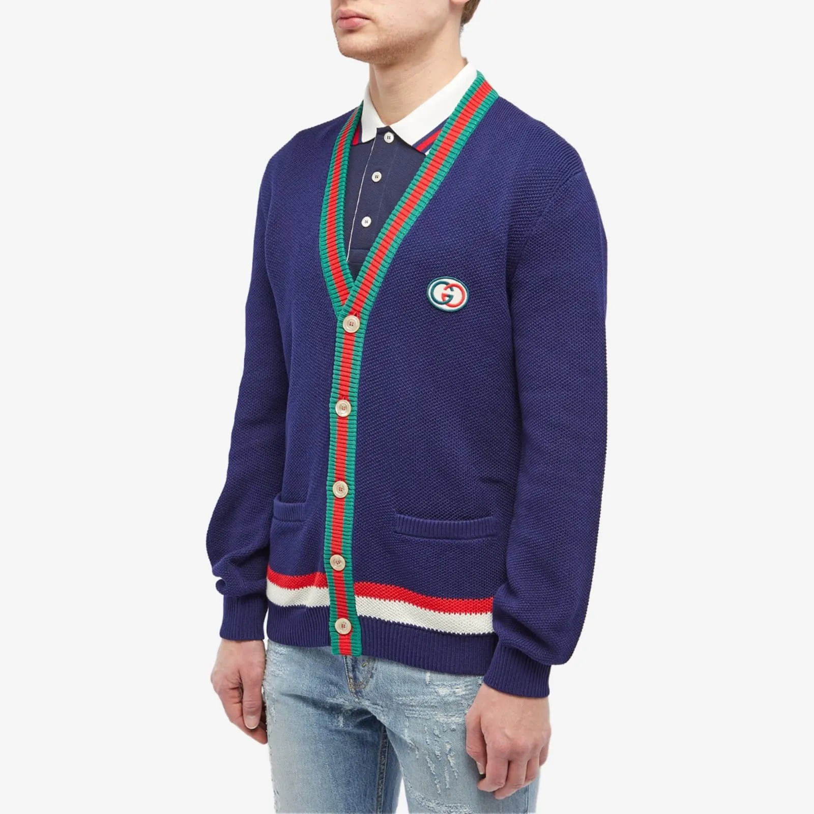 Gucci Gg Logo Stripe Placket Cardigan, navy blue